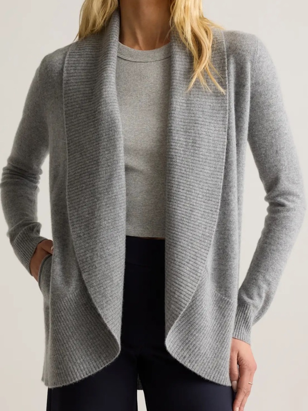 Quince Cashmere Open-Front Shawl Collar Sweater Cardigan w Pockets- Light Gray